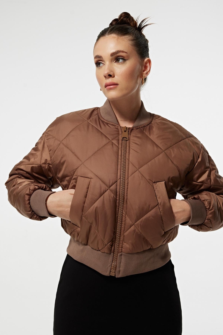 Polyester Fabric Ribbed Collar Diamond Pattern Short Bomber Coat - Brand: Levure - Women & Kids, Baby Clothes Wholesale - TheBS Women