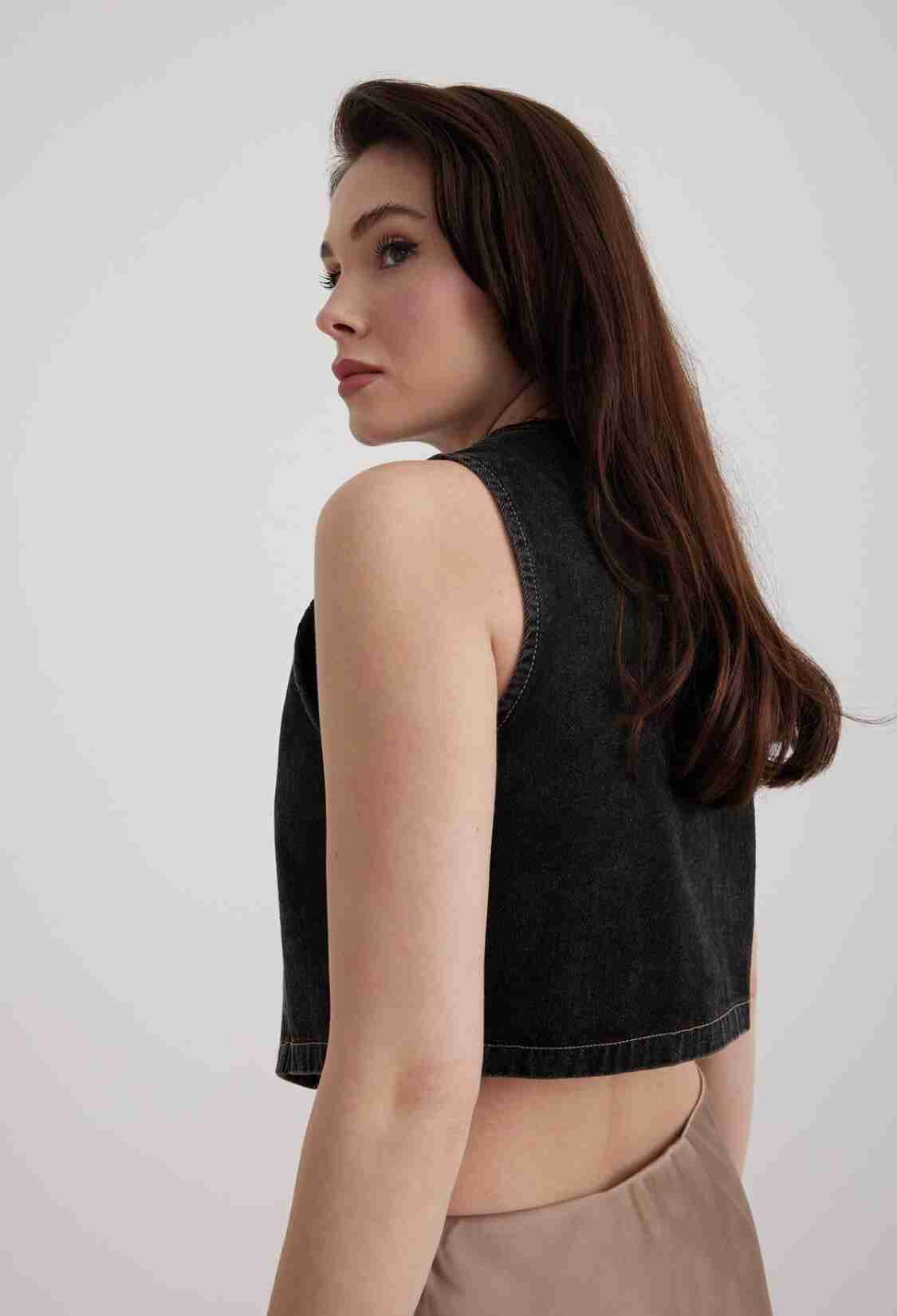 V-Neck Black Women's Denim Vest - Snow Wash Black - Brand: Levure - Women & Kids, Baby Clothes Wholesale - TheBS Women
