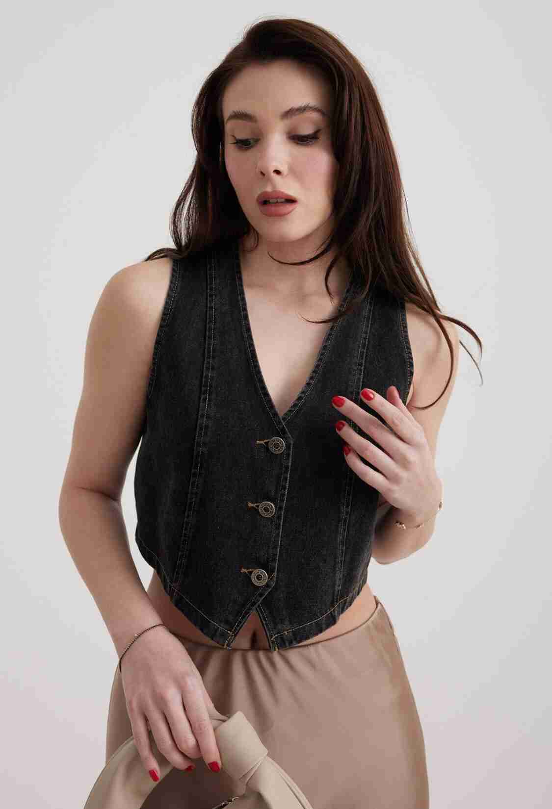 V-Neck Black Women's Denim Vest - Snow Wash Black - Brand: Levure - Women & Kids, Baby Clothes Wholesale - TheBS Women