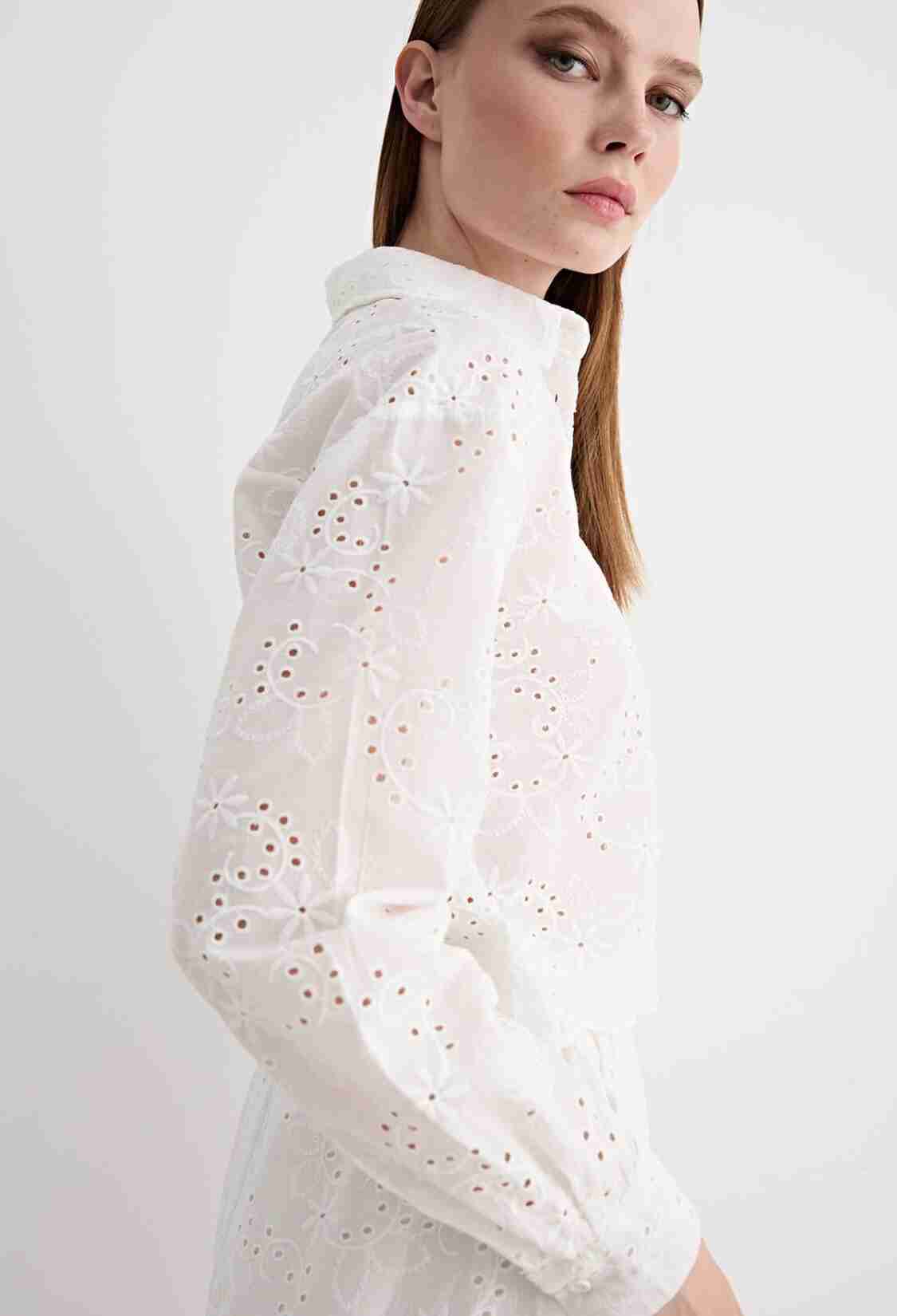 Guipure Detailed Long Sleeve Shirt White - Brand: Levure - Women & Kids, Baby Clothes Wholesale - TheBS Women