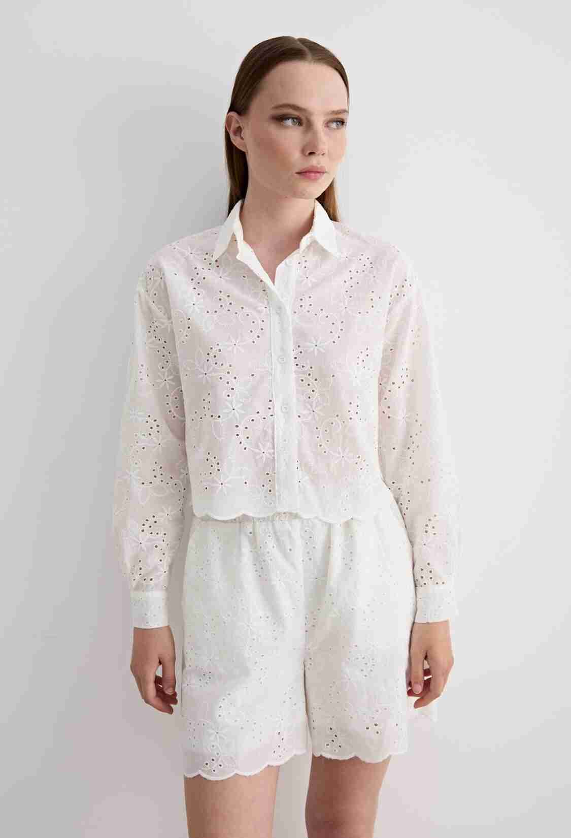 Guipure Detailed Long Sleeve Shirt White - Brand: Levure - Women & Kids, Baby Clothes Wholesale - TheBS Women