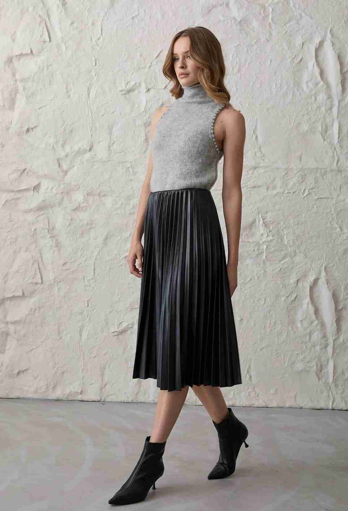 Women's Pleated Long Leather Skirt Black - Brand: Levure - Women & Kids, Baby Clothes Wholesale - TheBS Women