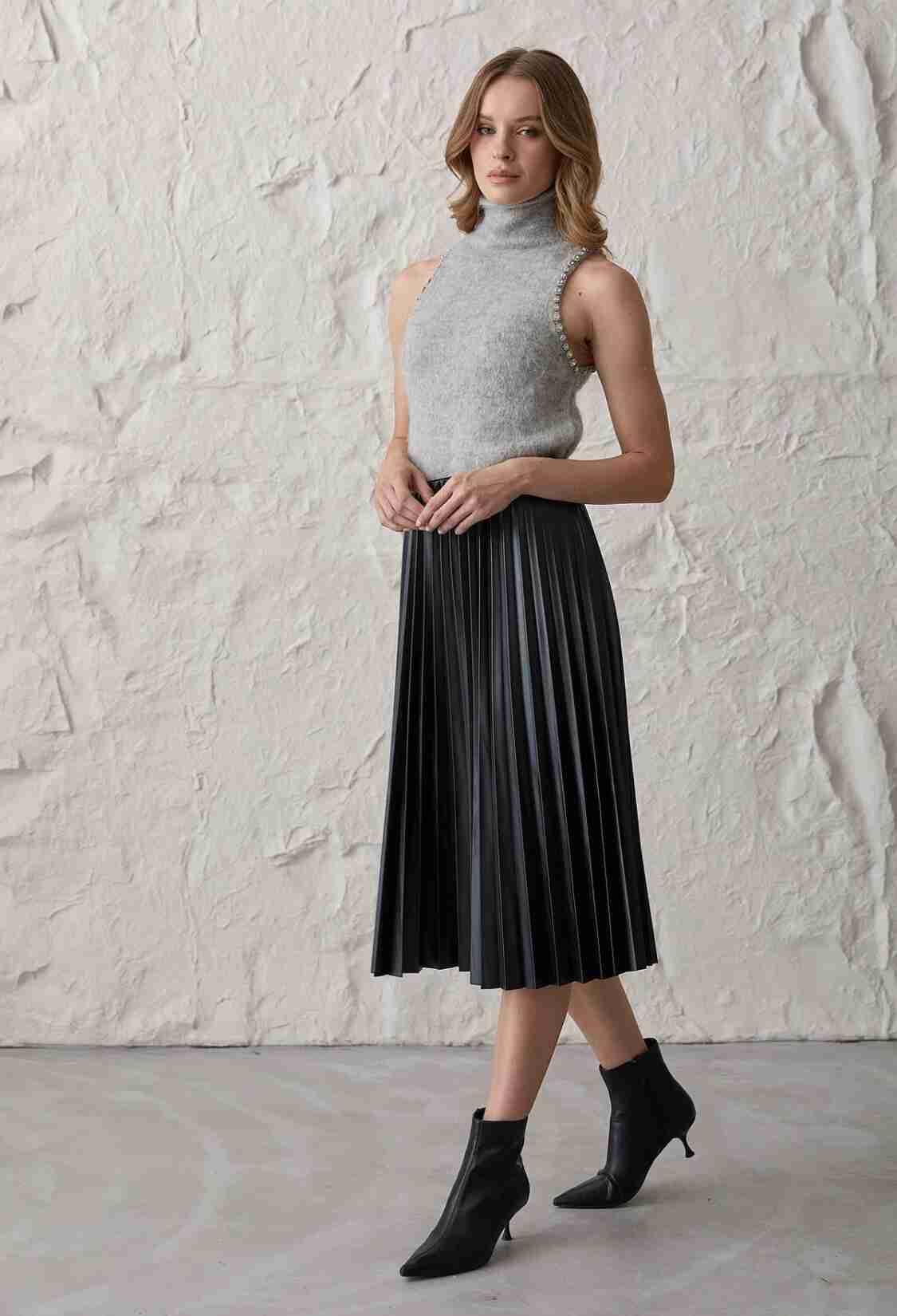 Women's Pleated Long Leather Skirt Black - Brand: Levure - Women & Kids, Baby Clothes Wholesale - TheBS Women