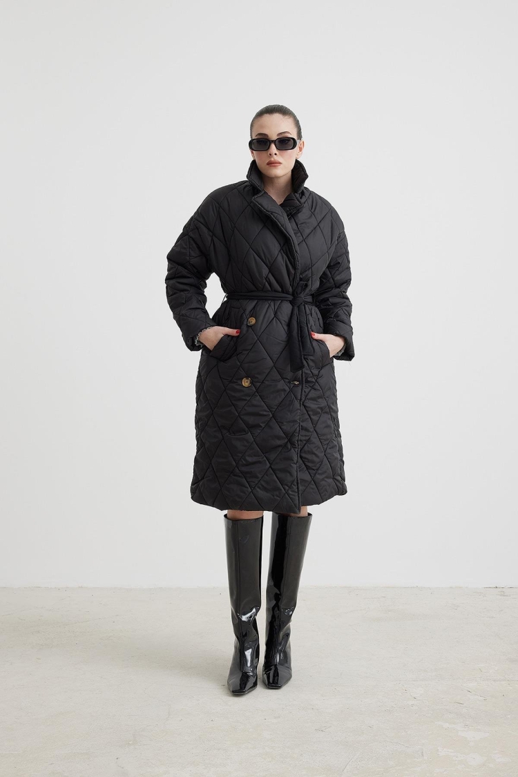 Jacket Collar Waist Belted Quilted Long Women's Coat - Brand: Levure - Women & Kids, Baby Clothes Wholesale - TheBS Women