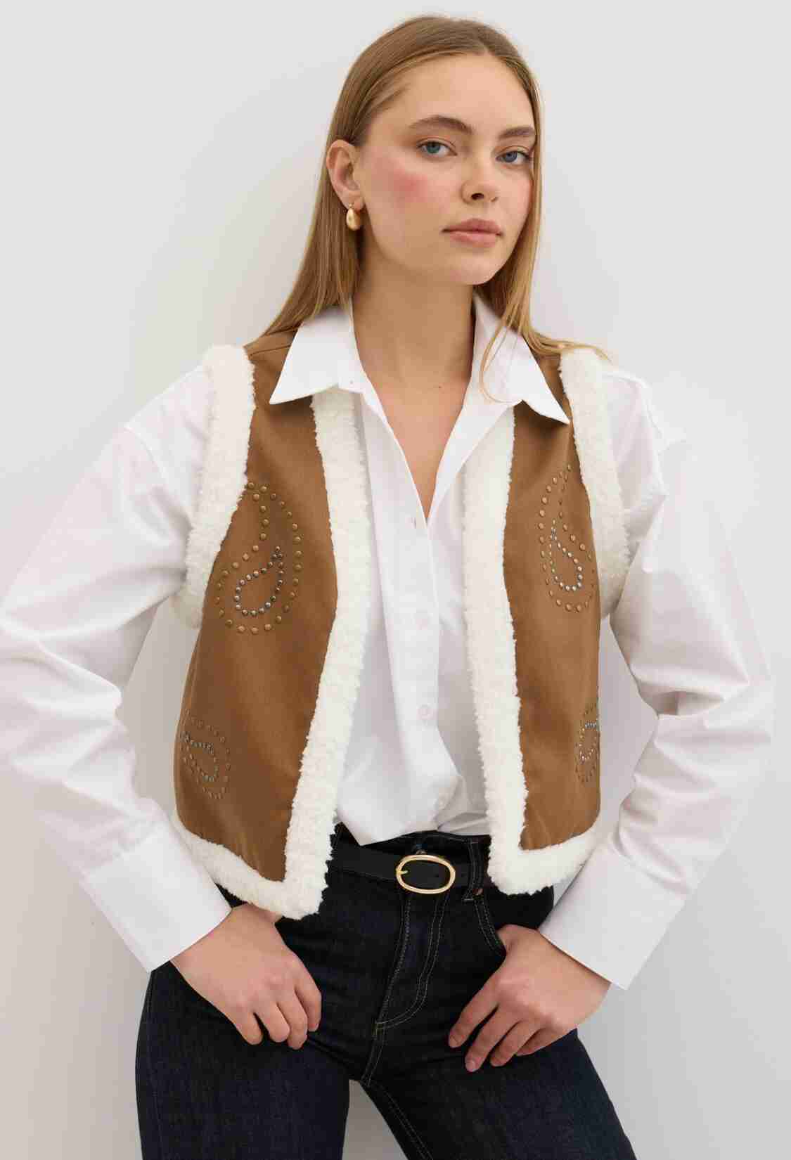 Garni Curly Detailed Stone Patterned Gabardine Vest Camel - Brand: Levure - Women & Kids, Baby Clothes Wholesale - TheBS Women