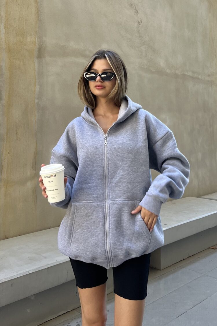 Zippered Raised Oversize Sweatshirt - Gray - Brand: la & vetta - Women & Kids, Baby Clothes Wholesale - TheBS Women