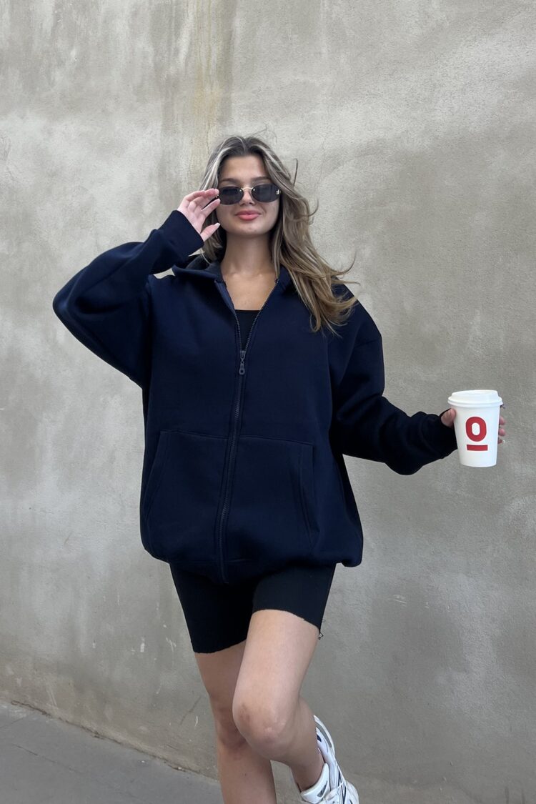 Zippered Raised Oversize Sweatshirt - Navy Blue - Brand: la & vetta - Women & Kids, Baby Clothes Wholesale - TheBS Women