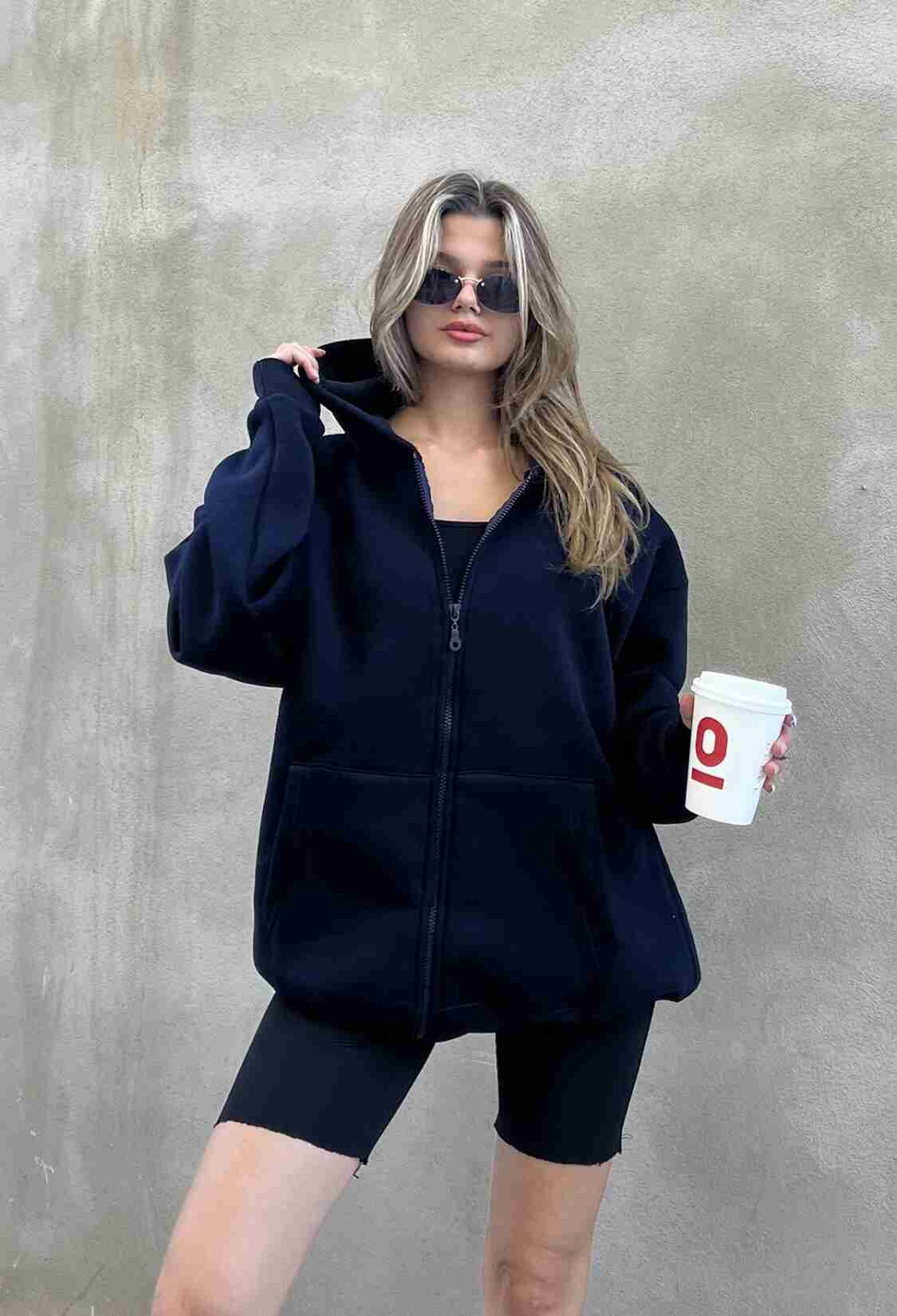 Zippered Raised Oversize Sweatshirt - Navy Blue - Brand: la & vetta - Women & Kids, Baby Clothes Wholesale - TheBS Women