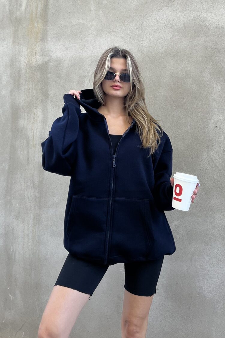 Zippered Raised Oversize Sweatshirt - Navy Blue - Brand: la & vetta - Women & Kids, Baby Clothes Wholesale - TheBS Women