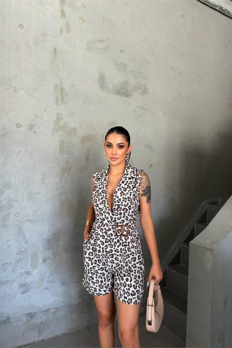 Leopard Jumpsuit With Buckle Detail - Brown - Brand: Ello - Women & Kids, Baby Clothes Wholesale - TheBS Women