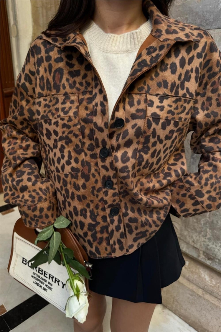 Leopard Pattern Suede Shirt - Brown - Brand: Ello - Women & Kids, Baby Clothes Wholesale - TheBS Women
