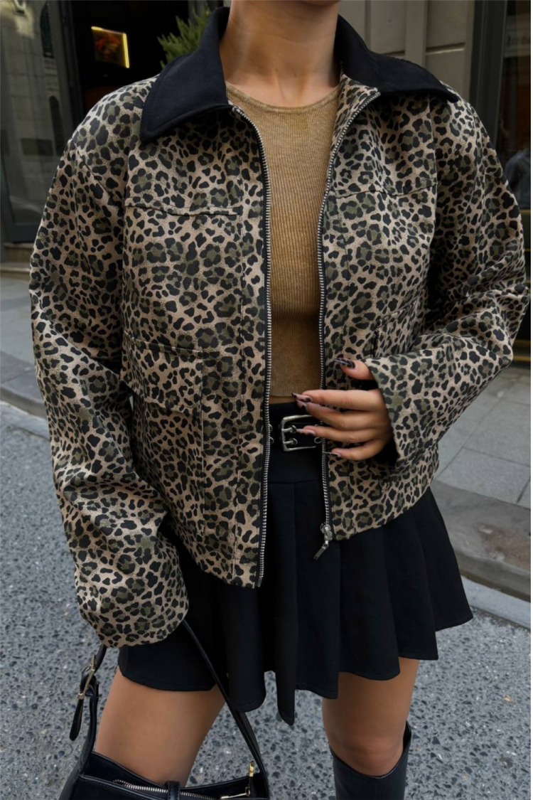 Leopard Pattern Crop Jacket - Brown - Brand: Ello - Women & Kids, Baby Clothes Wholesale - TheBS Women