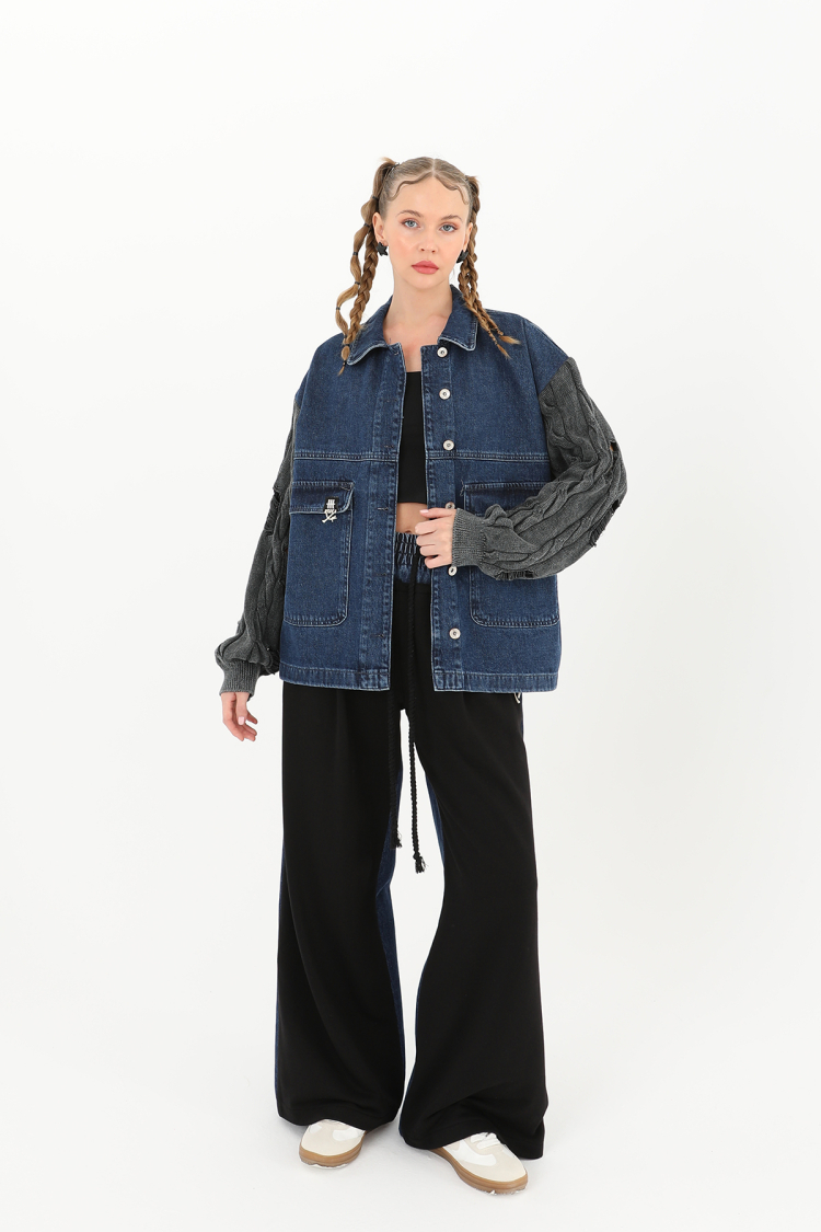 Knitted Sleeve Detailed Denim Jacket -& Blue - Brand: SOUL - Women & Kids, Baby Clothes Wholesale - TheBS Women