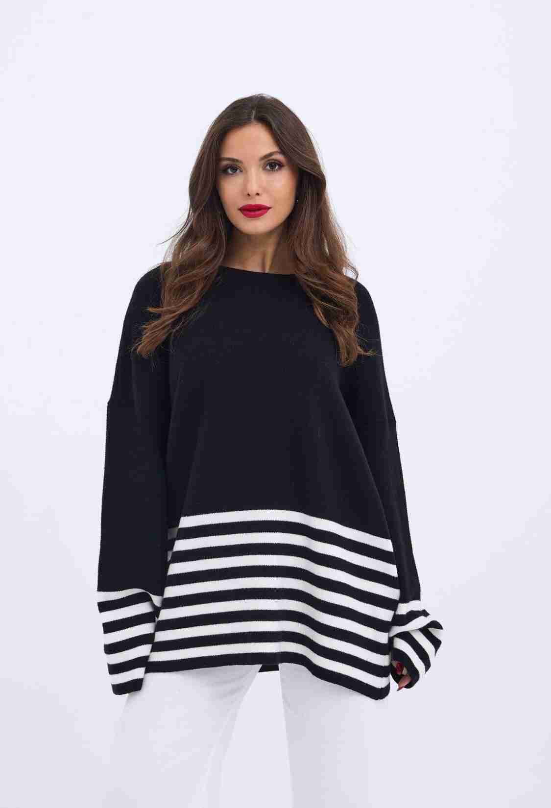 Knitted Striped Sweater -- Ecru - Brand: Fame - Women & Kids, Baby Clothes Wholesale - TheBS Women