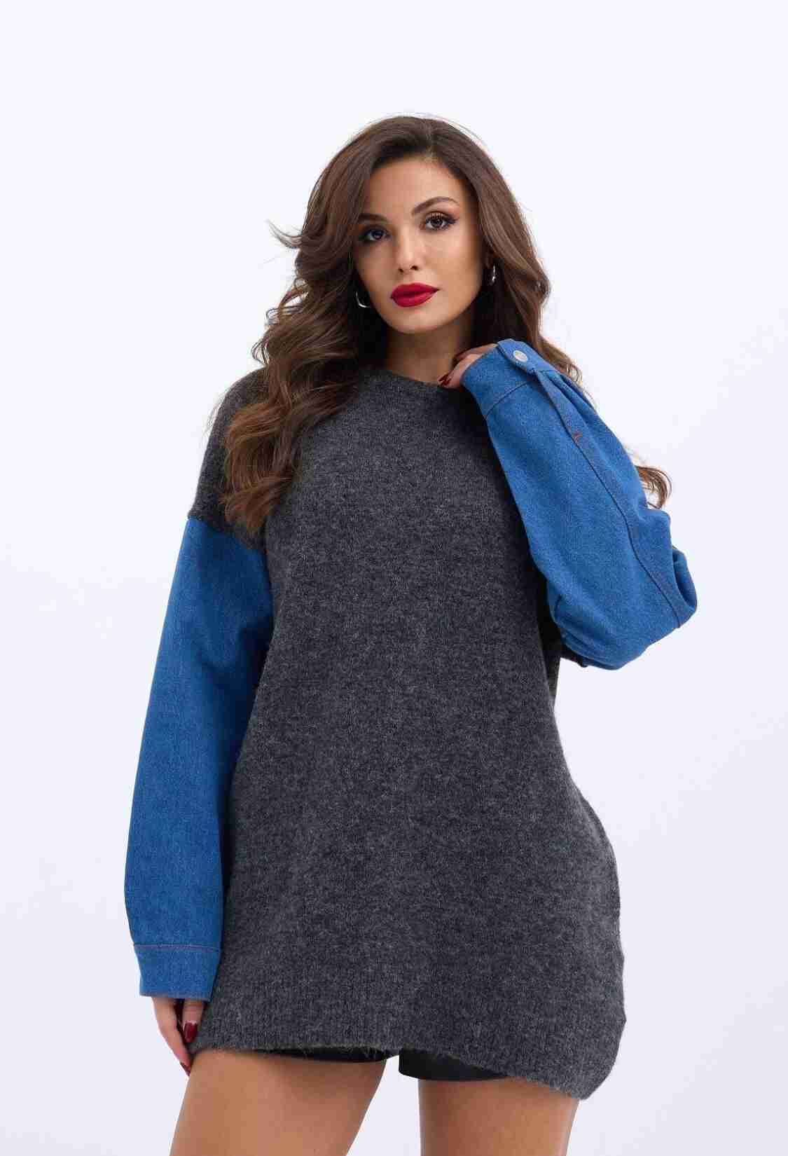 Denim Detailed Sleeve Knitwear - Gray - Brand: Fame - Women & Kids, Baby Clothes Wholesale - TheBS Women
