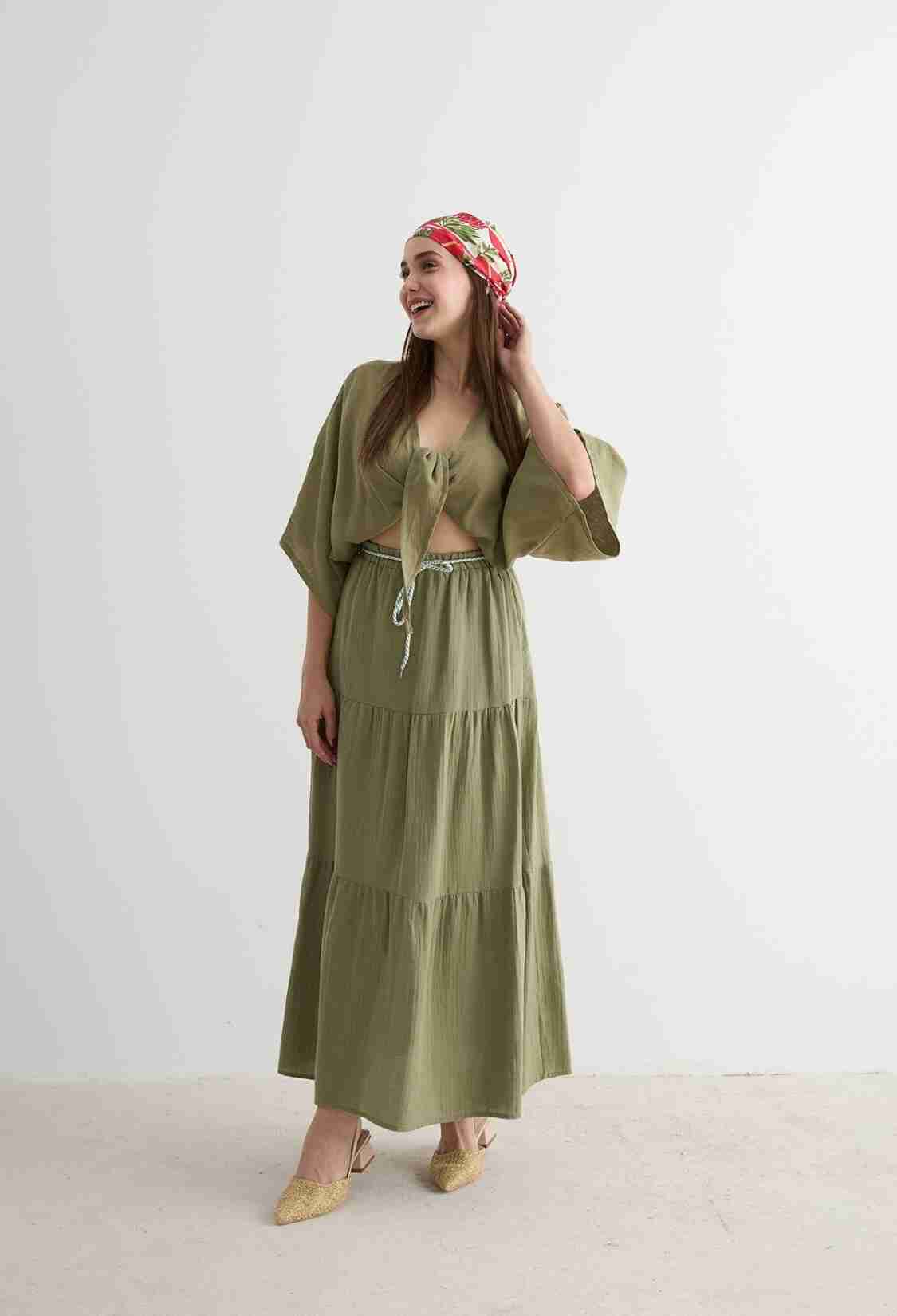 Elastic Waist And Cord Detailed Long Skirt - Brand: Levure - Women & Kids, Baby Clothes Wholesale - TheBS Women