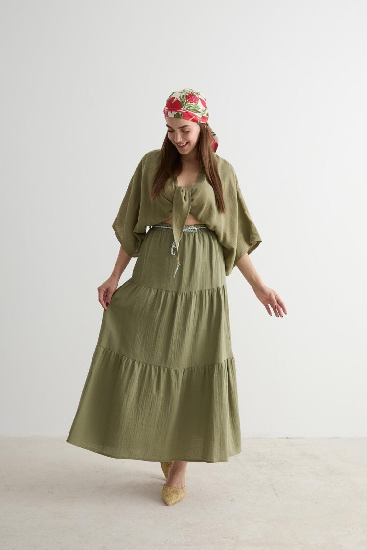 Elastic Waist And Cord Detailed Long Skirt - Brand: Levure - Women & Kids, Baby Clothes Wholesale - TheBS Women