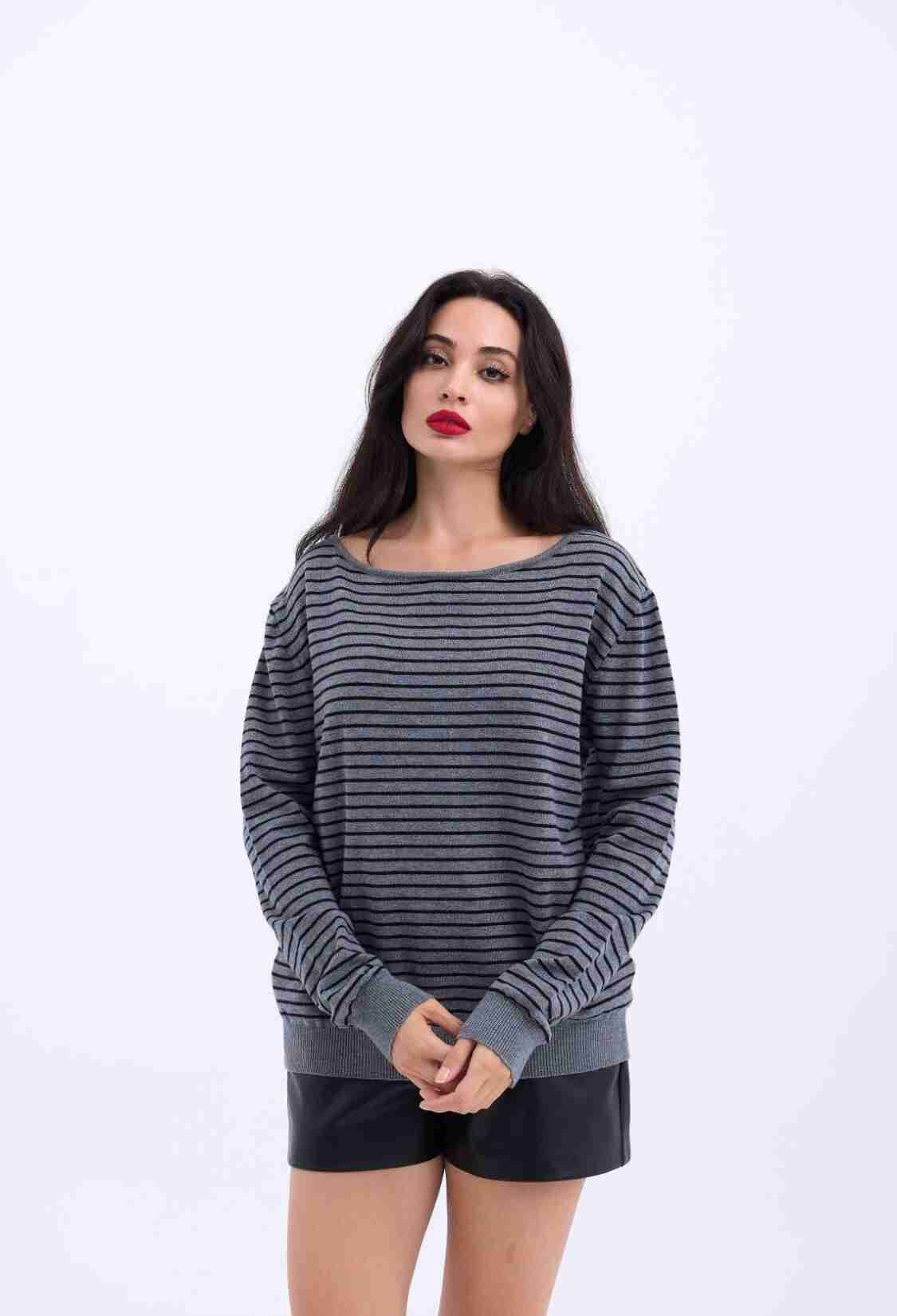 Knitted Striped Casual Sweater - Gray - Black - Brand: Fame - Women & Kids, Baby Clothes Wholesale - TheBS Women