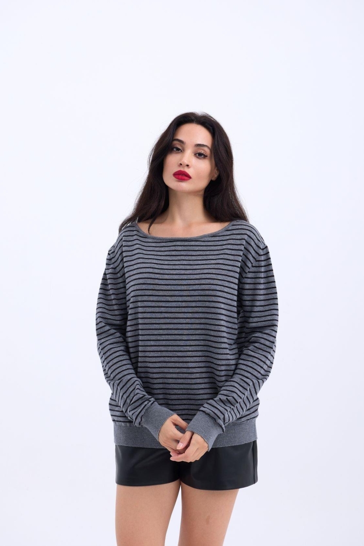 Knitted Striped Casual Sweater - Gray - Black - Brand: Fame - Women & Kids, Baby Clothes Wholesale - TheBS Women