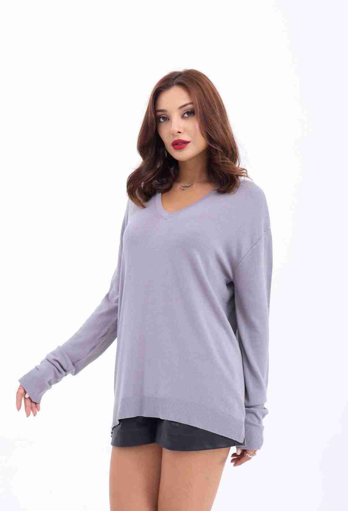 Knitwear V Neck Basic Casual - Gray - Brand: Fame - Women & Kids, Baby Clothes Wholesale - TheBS Women