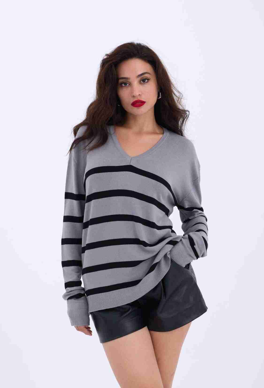 Knitwear V Neck Striped Basic Casual - Gray & Black - Brand: Fame - Women & Kids, Baby Clothes Wholesale - TheBS Women