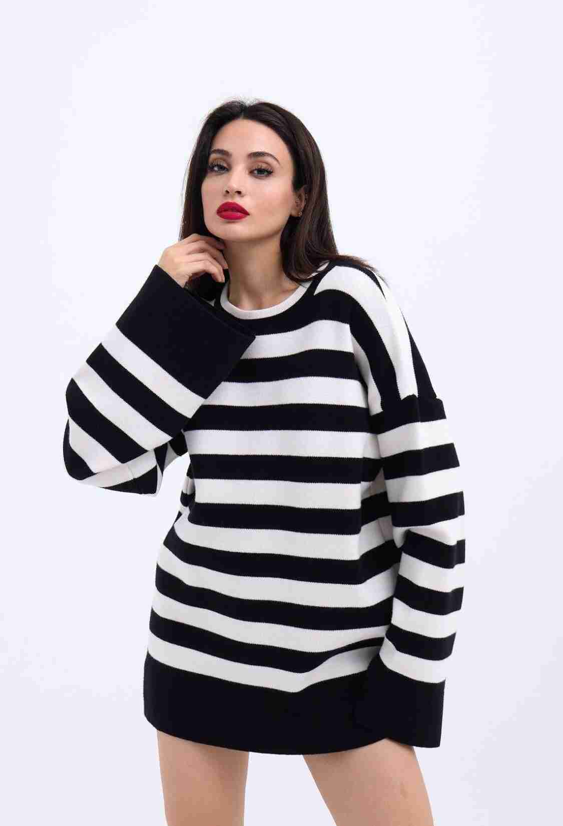 Knitted Striped Casual Sweater -- Ecru - Brand: Fame - Women & Kids, Baby Clothes Wholesale - TheBS Women