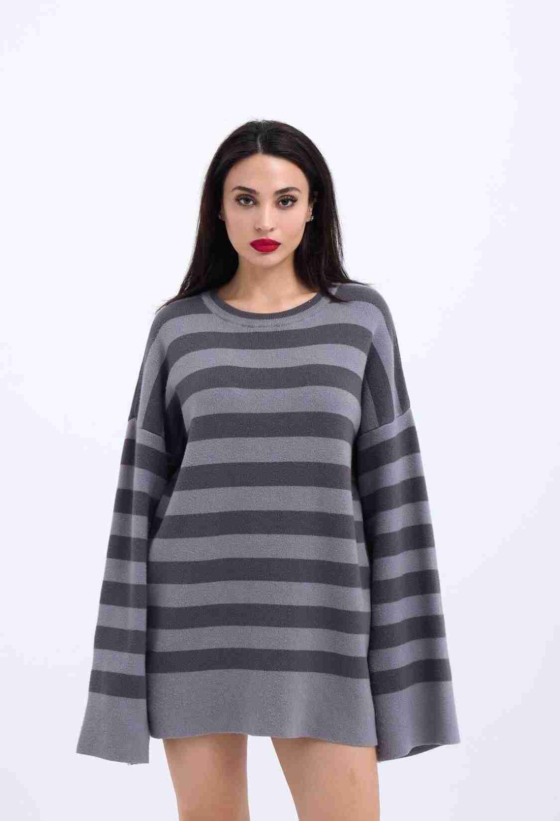 Knitted Striped Casual Sweater -- Anthracite - Brand: Fame - Women & Kids, Baby Clothes Wholesale - TheBS Women