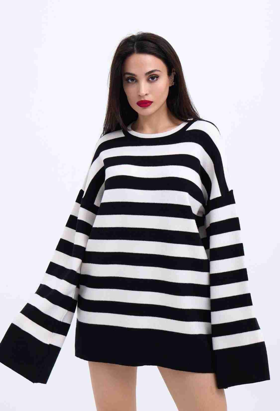 Knitted Striped Casual Sweater -- Ecru - Brand: Fame - Women & Kids, Baby Clothes Wholesale - TheBS Women