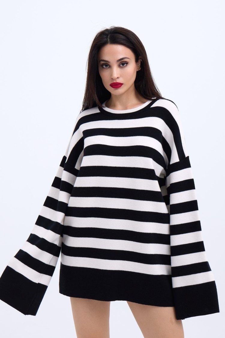 Knitted Striped Casual Sweater -- Ecru - Brand: Fame - Women & Kids, Baby Clothes Wholesale - TheBS Women