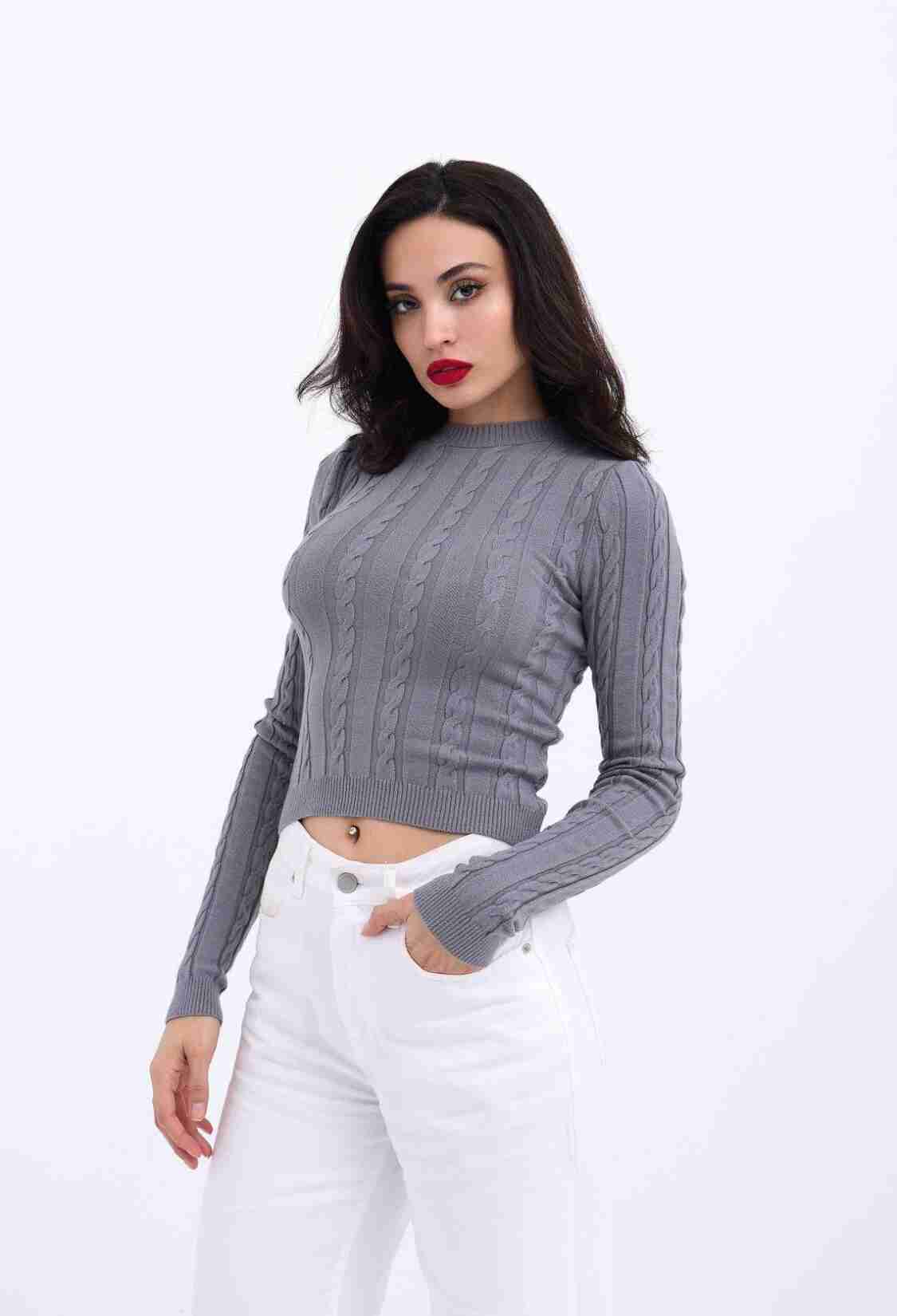 Knitwear Hair Knit Crop Sweater - Gray - Brand: Fame - Women & Kids, Baby Clothes Wholesale - TheBS Women