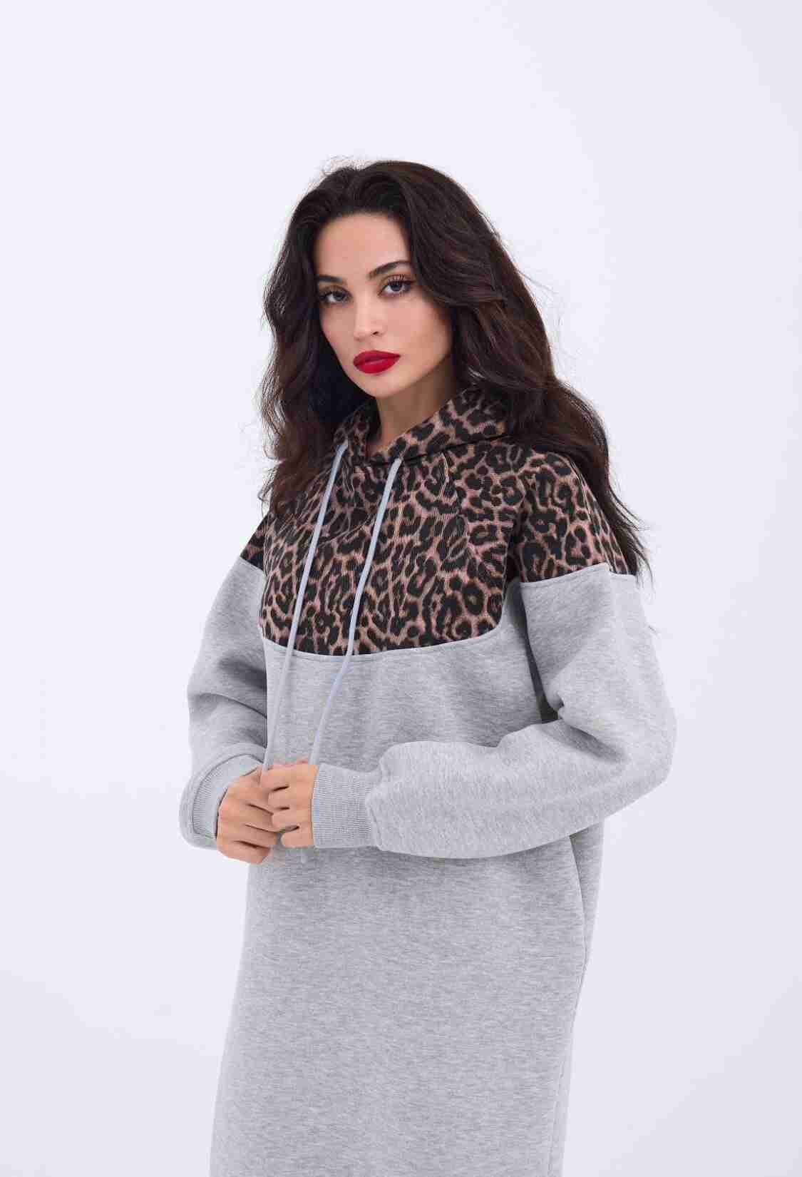 Leopard Patterned Long Sweater - Gray - Brand: Fame - Women & Kids, Baby Clothes Wholesale - TheBS Women