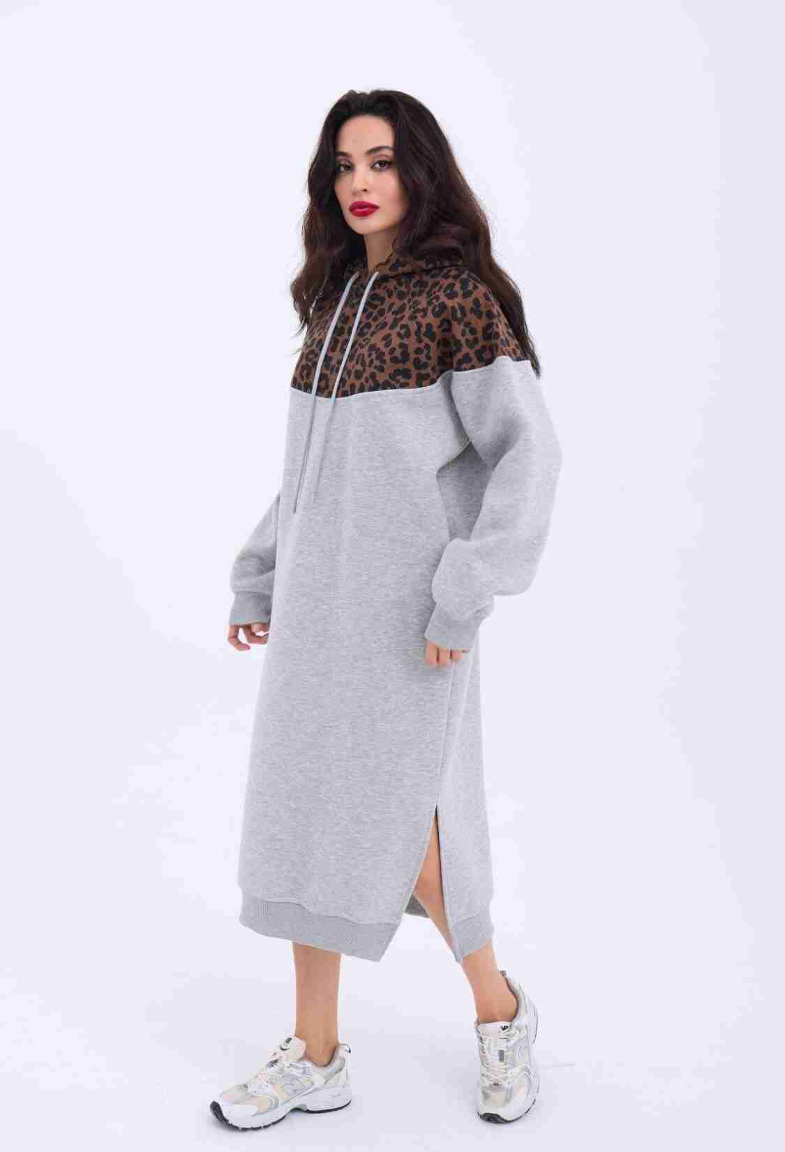 Leopard Patterned Long Sweater - Gray & Brown - Brand: Fame - Women & Kids, Baby Clothes Wholesale - TheBS Women