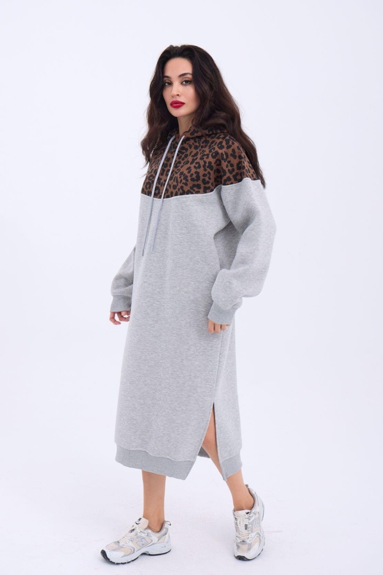 Leopard Patterned Long Sweater - Gray & Brown - Brand: Fame - Women & Kids, Baby Clothes Wholesale - TheBS Women