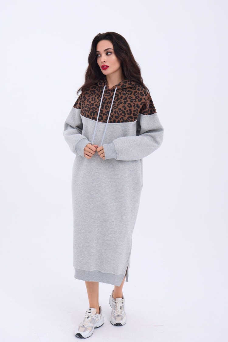 Leopard Patterned Long Sweater - Gray & Brown - Brand: Fame - Women & Kids, Baby Clothes Wholesale - TheBS Women