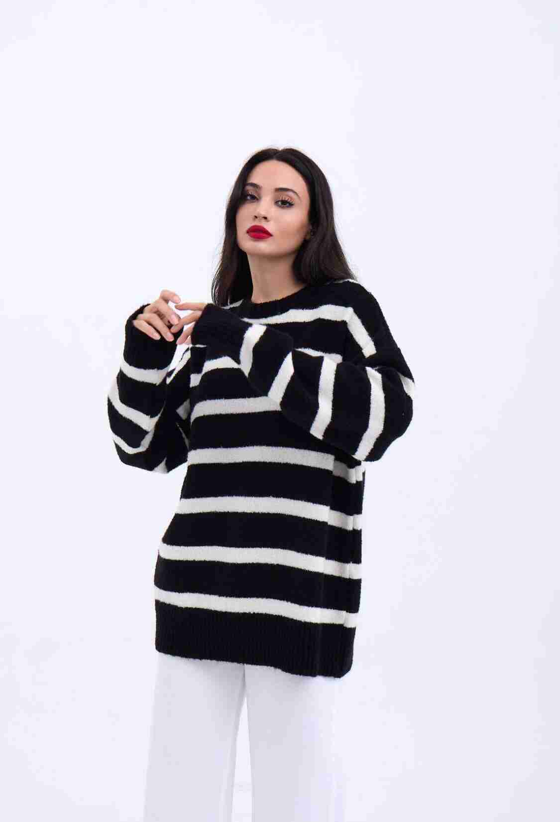 Knitted Striped Casual Sweater -- Ecru - Brand: Fame - Women & Kids, Baby Clothes Wholesale - TheBS Women