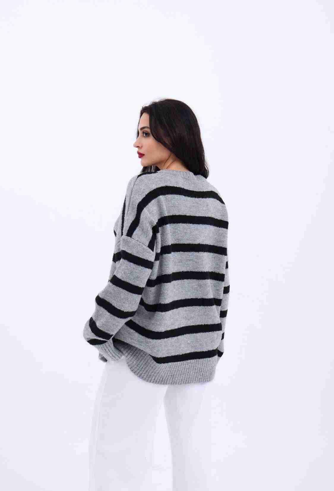 Knitted Striped Casual Sweater - Gray - Black - Brand: Fame - Women & Kids, Baby Clothes Wholesale - TheBS Women