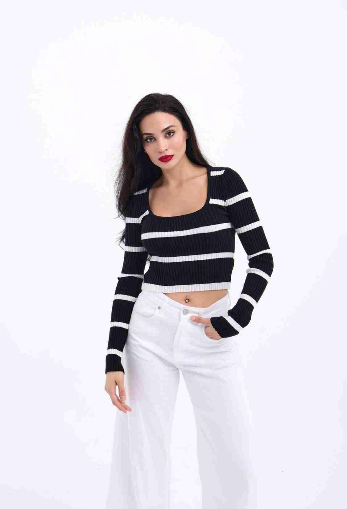 Knitwear Striped Ribbed Crop -& Ecru - Brand: Fame - Women & Kids, Baby Clothes Wholesale - TheBS Women