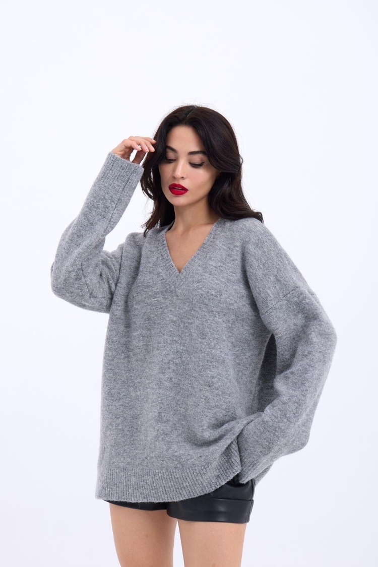 Knitwear V Neck Casual - Gray - Brand: Fame - Women & Kids, Baby Clothes Wholesale - TheBS Women