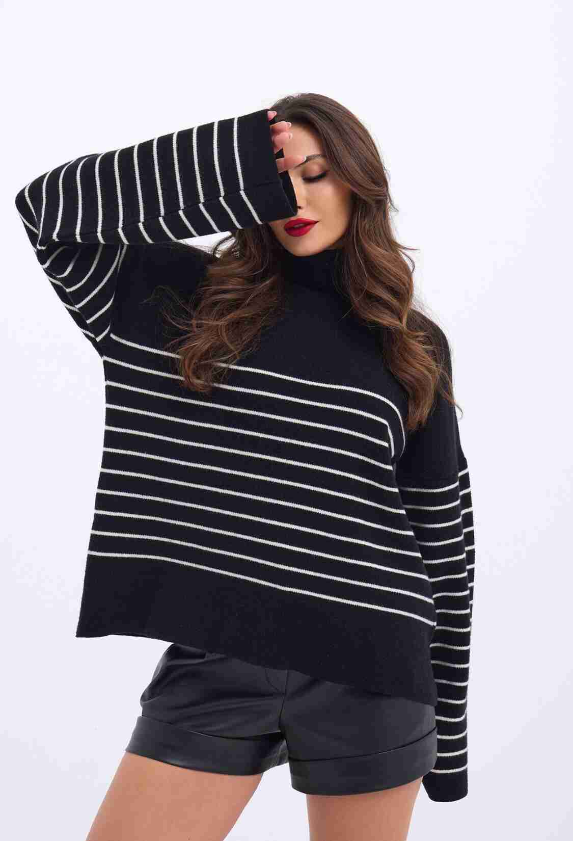Knitted Turtleneck Striped Casual -& Ecru - Brand: Fame - Women & Kids, Baby Clothes Wholesale - TheBS Women