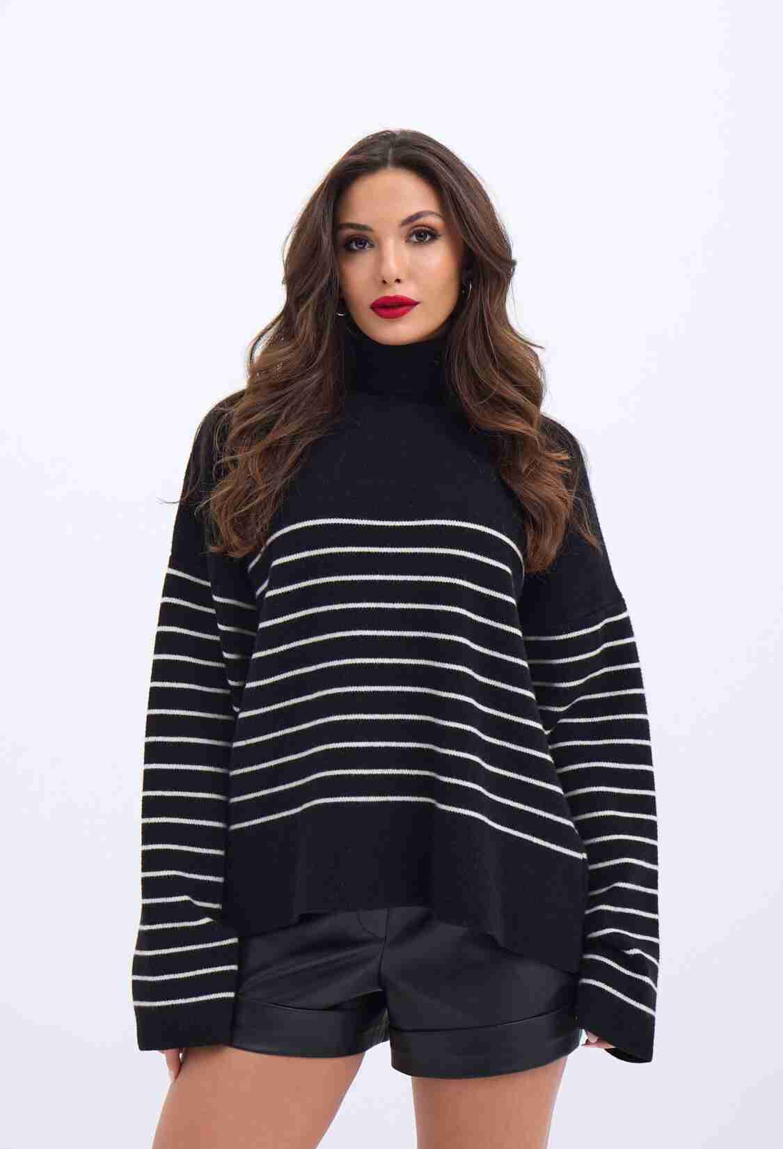 Knitted Turtleneck Striped Casual -& Ecru - Brand: Fame - Women & Kids, Baby Clothes Wholesale - TheBS Women