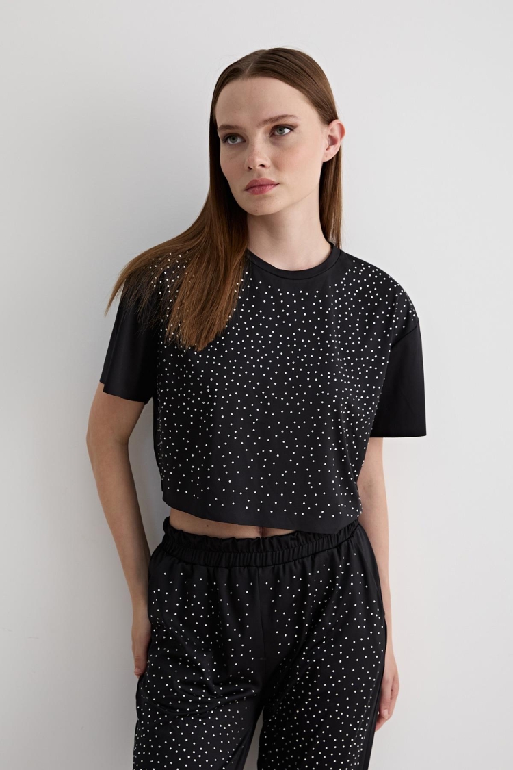 Stone Detailed Short Sleeve Oversize T-shirt - Brand: Levure - Women & Kids, Baby Clothes Wholesale - TheBS Women