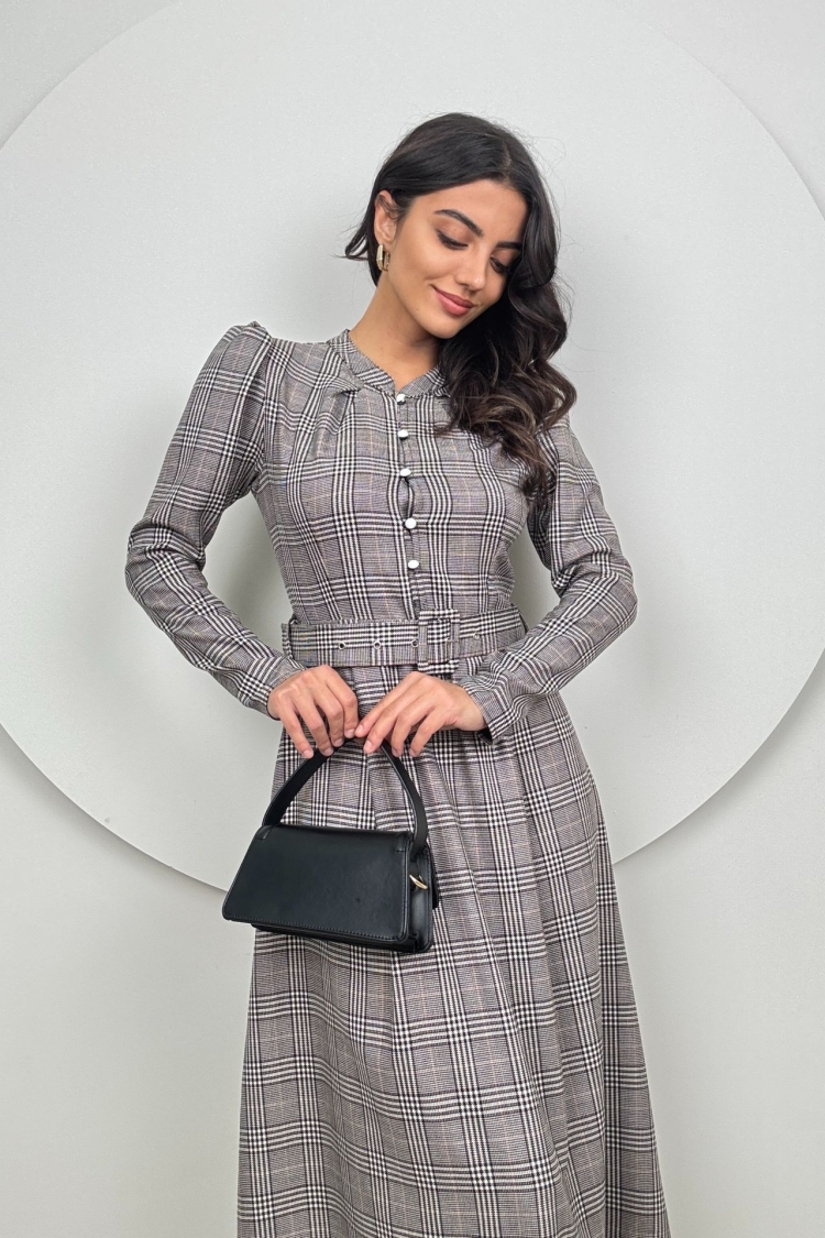 Striped Plaid Belt Dress - Grey - Brand: Miss Janell - Women & Kids, Baby Clothes Wholesale - TheBS Women