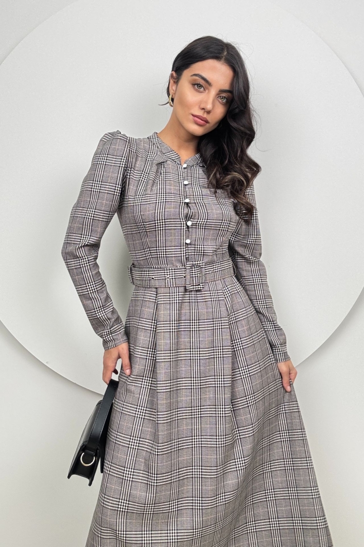 Striped Plaid Belt Dress - Grey - Brand: Miss Janell - Women & Kids, Baby Clothes Wholesale - TheBS Women
