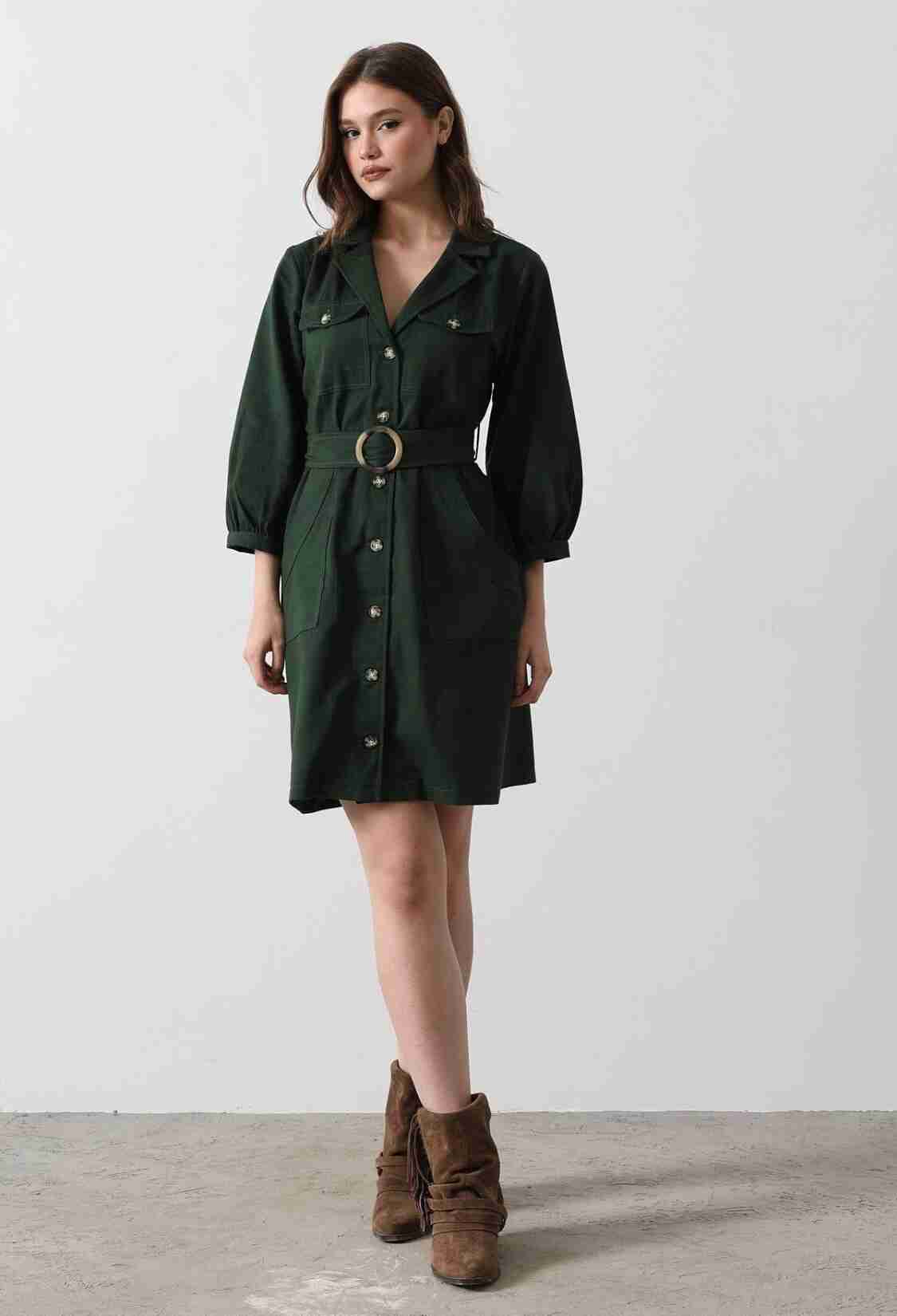 Belt Detailed Gabardine Dress - - Khaki - Brand: Reyon - Women & Kids, Baby Clothes Wholesale - TheBS Women