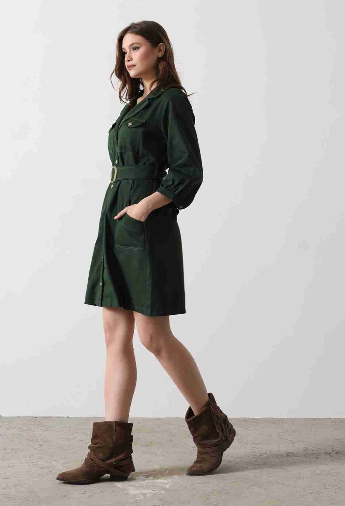 Belt Detailed Gabardine Dress - - Khaki - Brand: Reyon - Women & Kids, Baby Clothes Wholesale - TheBS Women