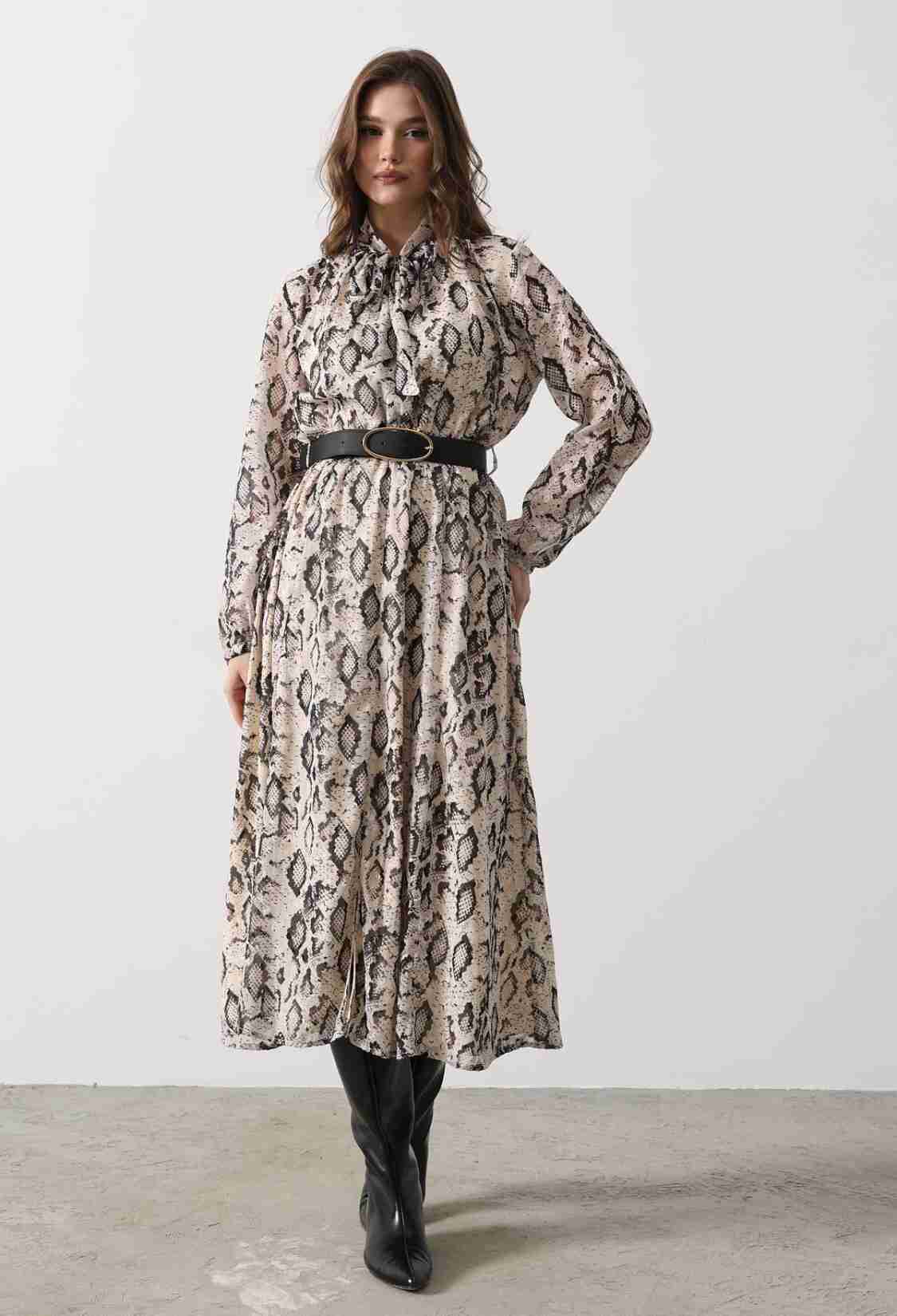 Snake Pattern Long Neckline Detailed Dress - - Cream-black - Brand: Reyon - Women & Kids, Baby Clothes Wholesale - TheBS Women