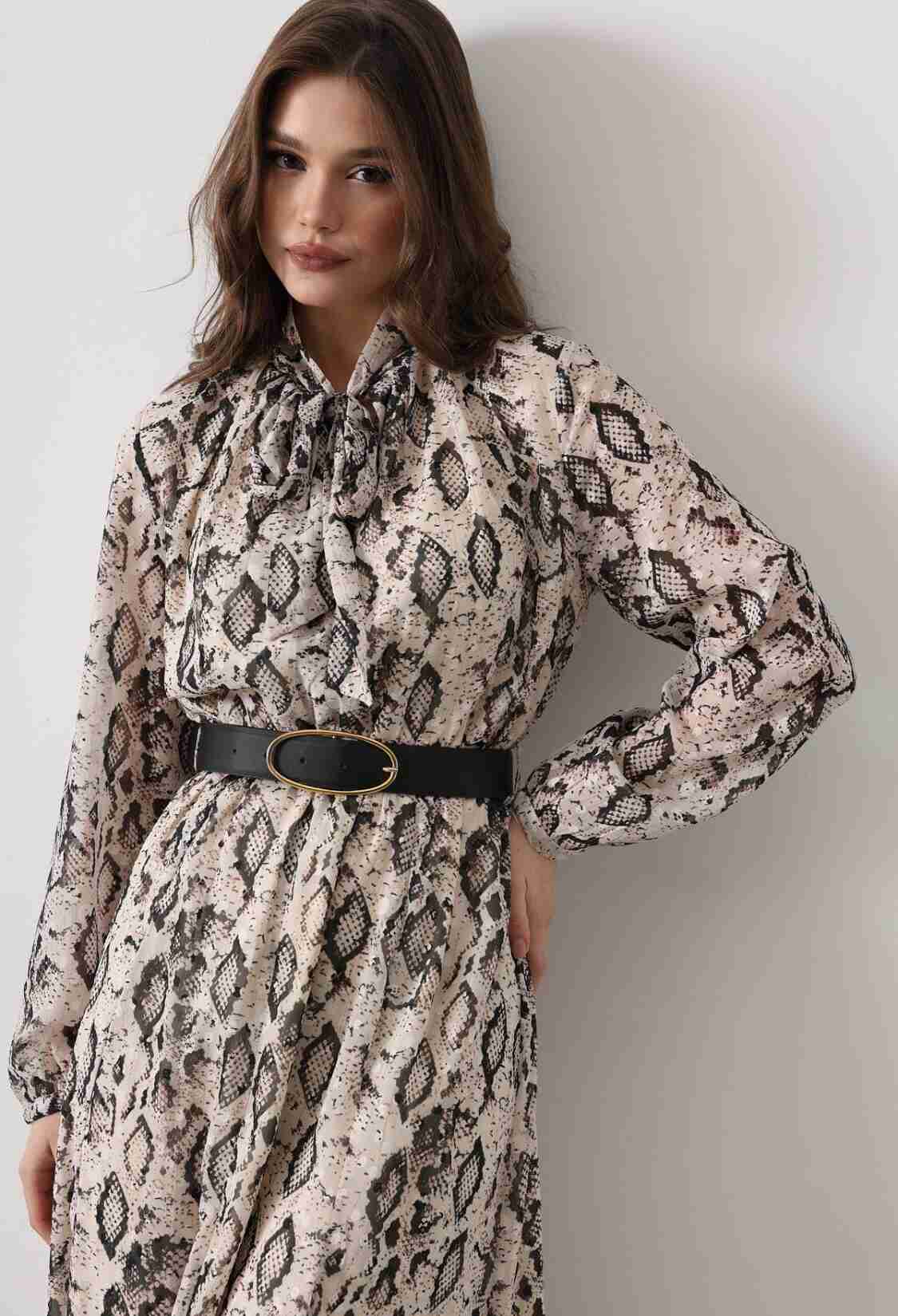 Snake Pattern Long Neckline Detailed Dress - - Cream-black - Brand: Reyon - Women & Kids, Baby Clothes Wholesale - TheBS Women
