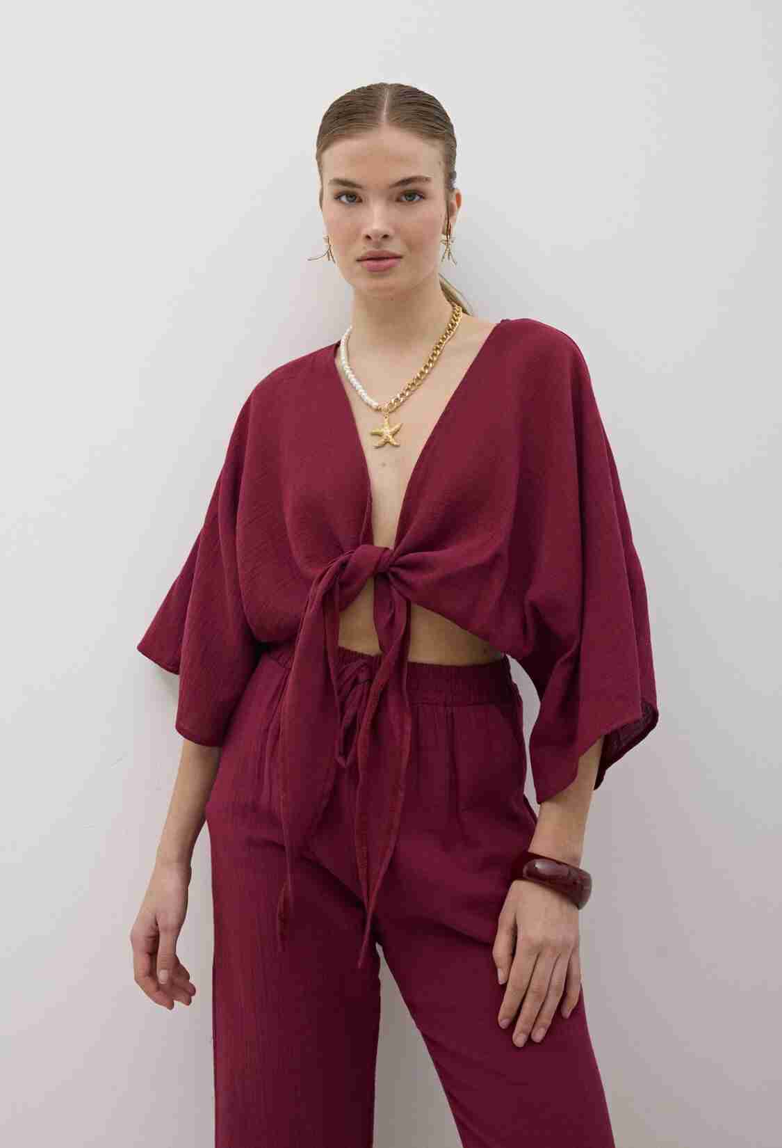 Mueslin Tie Blouse - Burgundy - Brand: Levure - Women & Kids, Baby Clothes Wholesale - TheBS Women