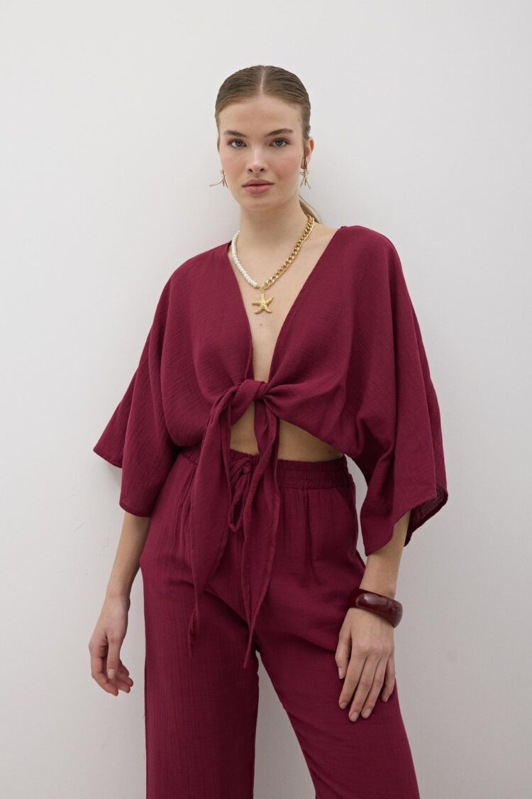 Mueslin Tie Blouse - Burgundy - Brand: Levure - Women & Kids, Baby Clothes Wholesale - TheBS Women
