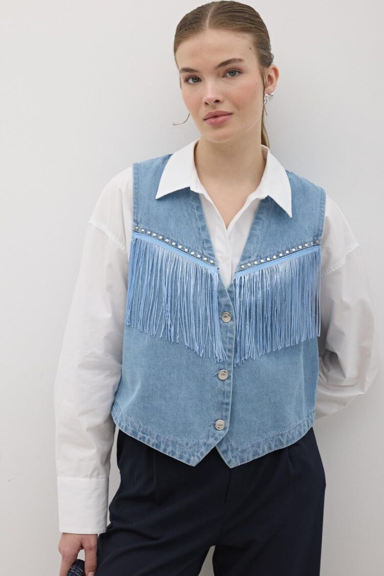 Tassel Detailed Front Buttoned Denim Vest Stone Wash - Blue - Brand: Levure - Women & Kids, Baby Clothes Wholesale - TheBS Women